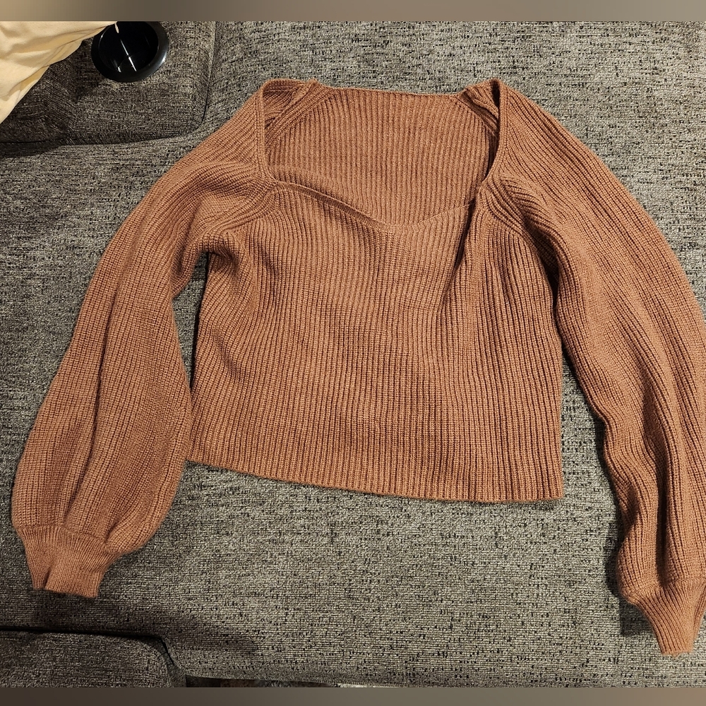 Cider Curve Knit V-neck Solid Lantern Sleeve Sweater 3XL